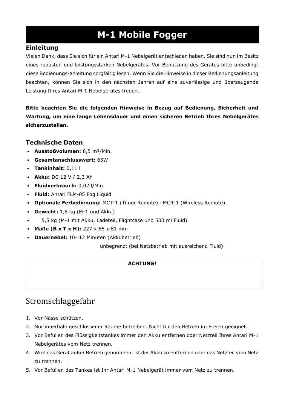 M-1 mobile fogger, Stromschlaggefahr | Antari M-1 User Manual | Page 8 / 28