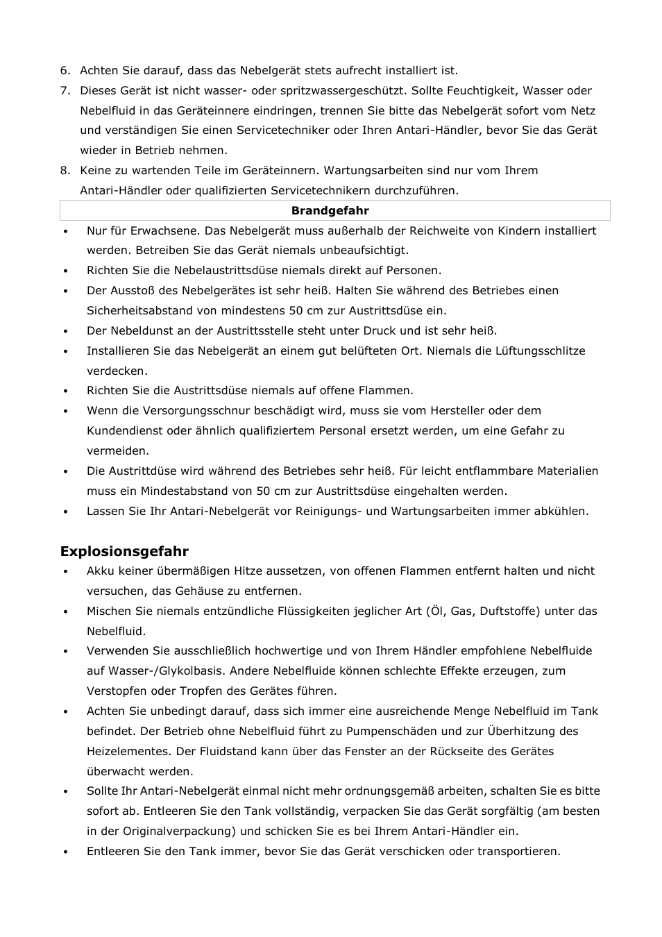 Explosionsgefahr | Antari M-1 User Manual | Page 9 / 28