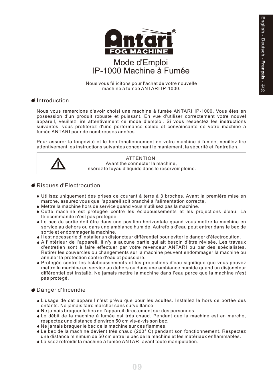 頁面 11, Mode d'emploi ip-1000 machine à fumée | Antari IP-1000 User Manual | Page 11 / 20