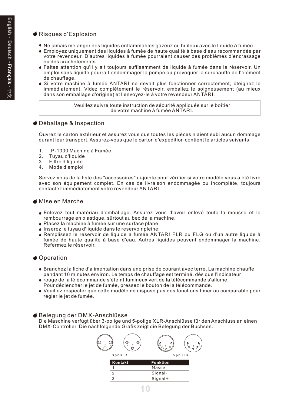 頁面 12, Risques d'explosion, Déballage & inspection | Mise en marche, Operation, Belegung der dmx-anschlüsse | Antari IP-1000 User Manual | Page 12 / 20