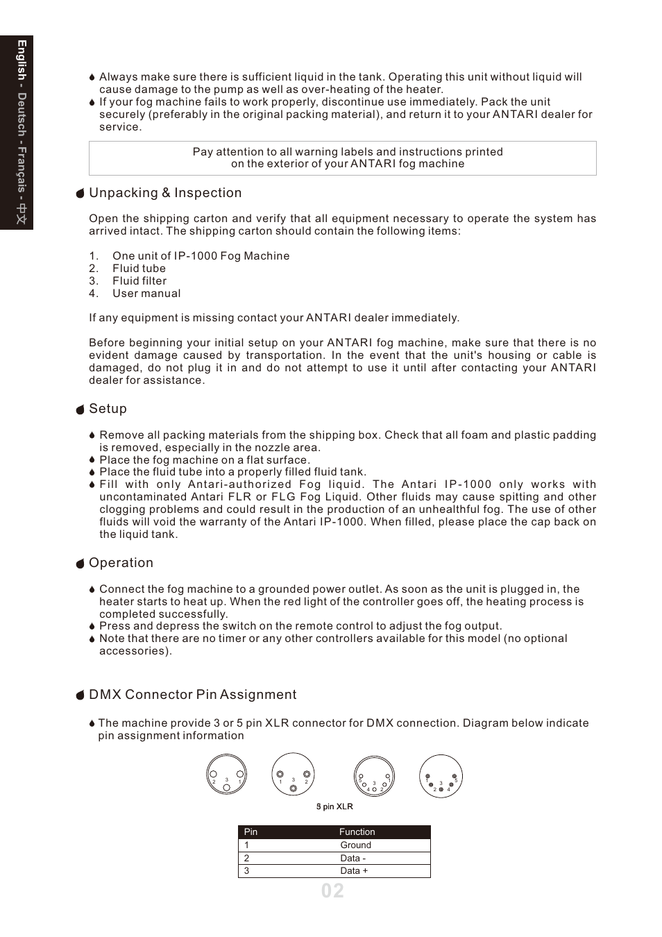 頁面 4, Unpacking & inspection, Setup | Operation, Dmx connector pin assignment | Antari IP-1000 User Manual | Page 4 / 20