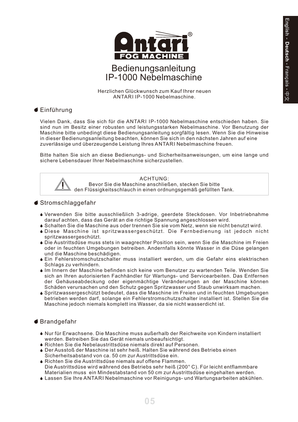 頁面 7, Bedienungsanleitung ip-1000 nebelmaschine | Antari IP-1000 User Manual | Page 7 / 20