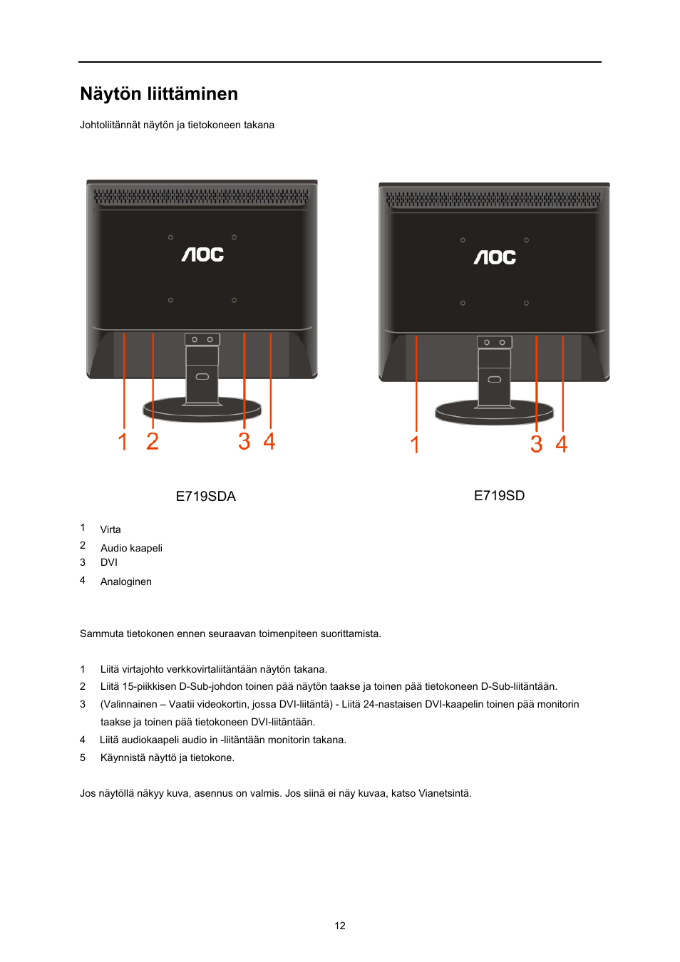 Näytön liittäminen | AOC E719SD User Manual | Page 12 / 60