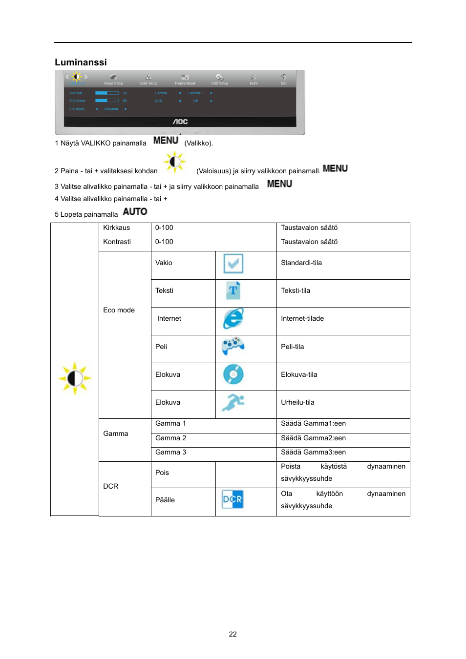 Luminanssi | AOC E719SD User Manual | Page 22 / 60