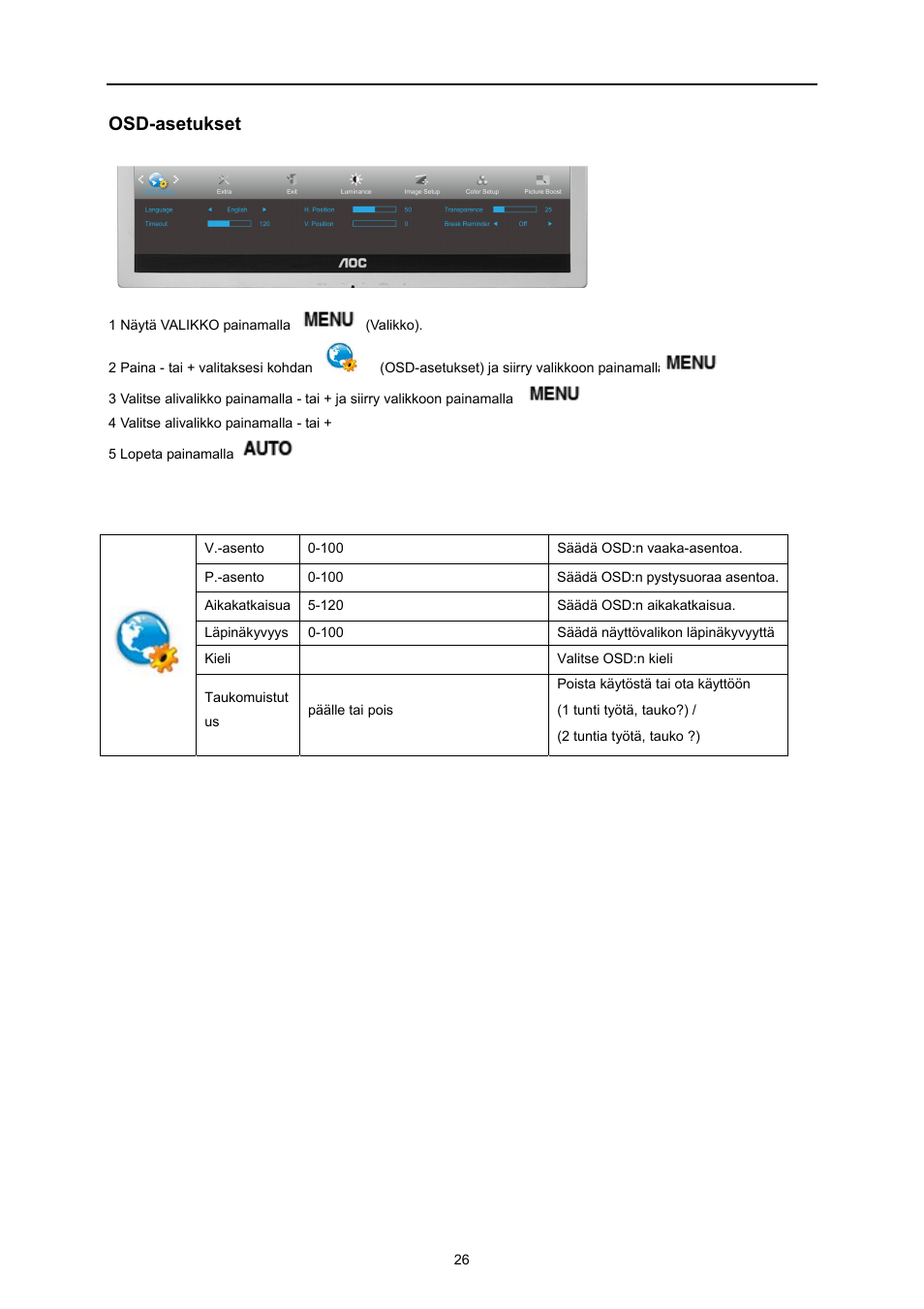 Osd-asetukset | AOC E719SD User Manual | Page 26 / 60