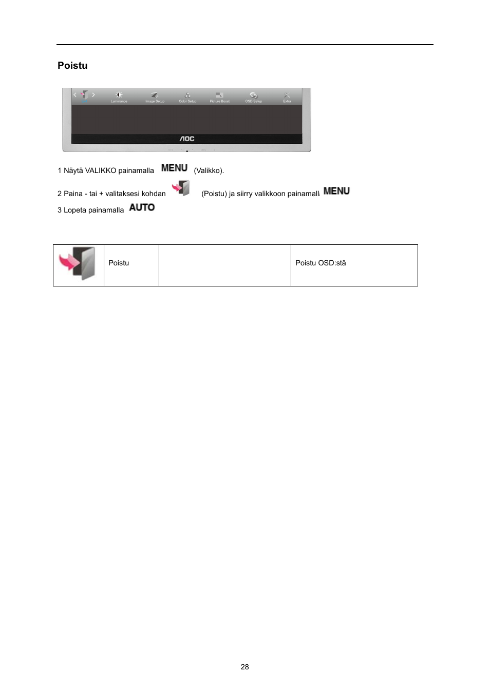 Poistu | AOC E719SD User Manual | Page 28 / 60