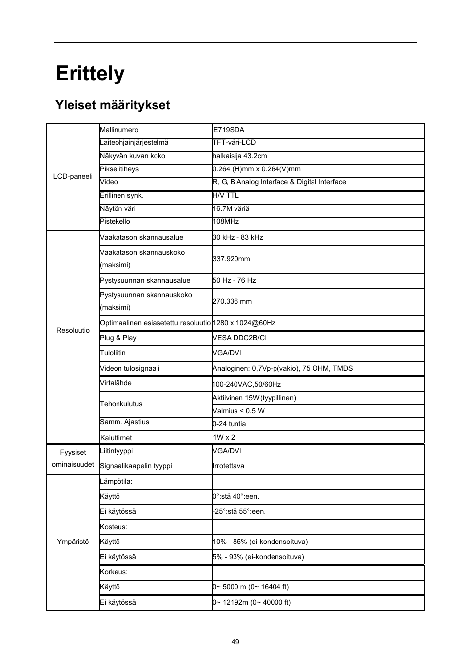 Erittely, Yleiset määritykset | AOC E719SD User Manual | Page 49 / 60