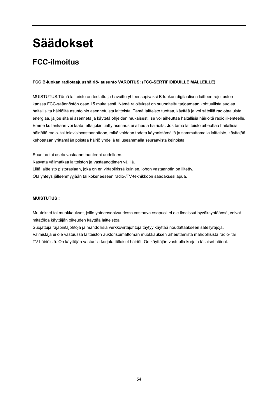 Säädokset, Fcc-ilmoitus | AOC E719SD User Manual | Page 54 / 60