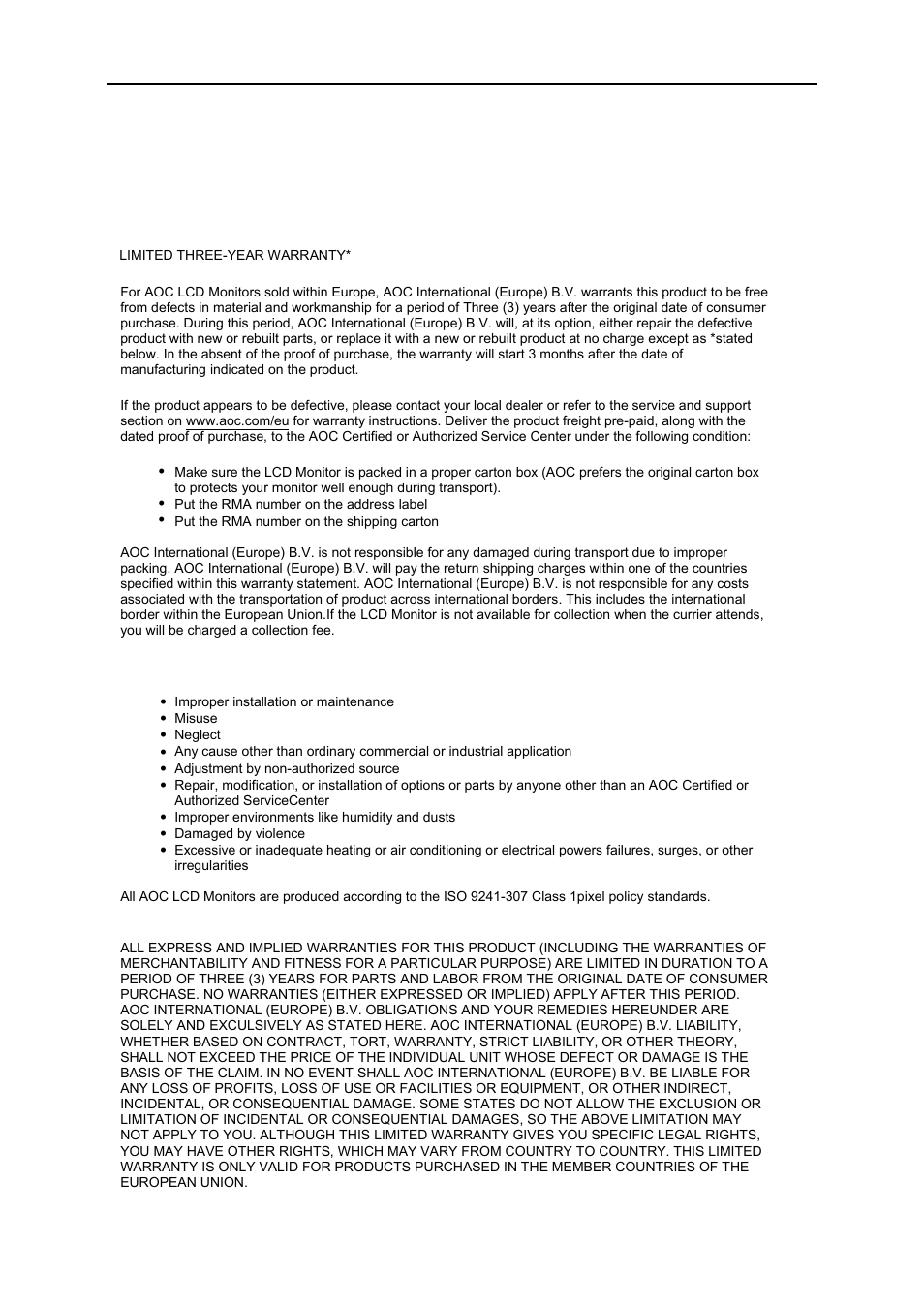 Service warranty statement for europe | AOC e960Sda User Manual | Page 58 / 61