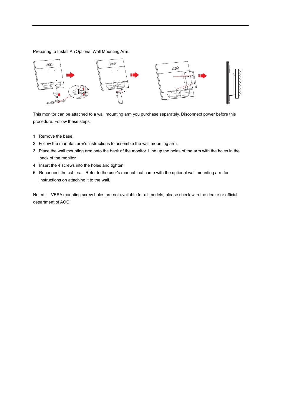 Wall mounting | AOC e960Sn User Manual | Page 13 / 62