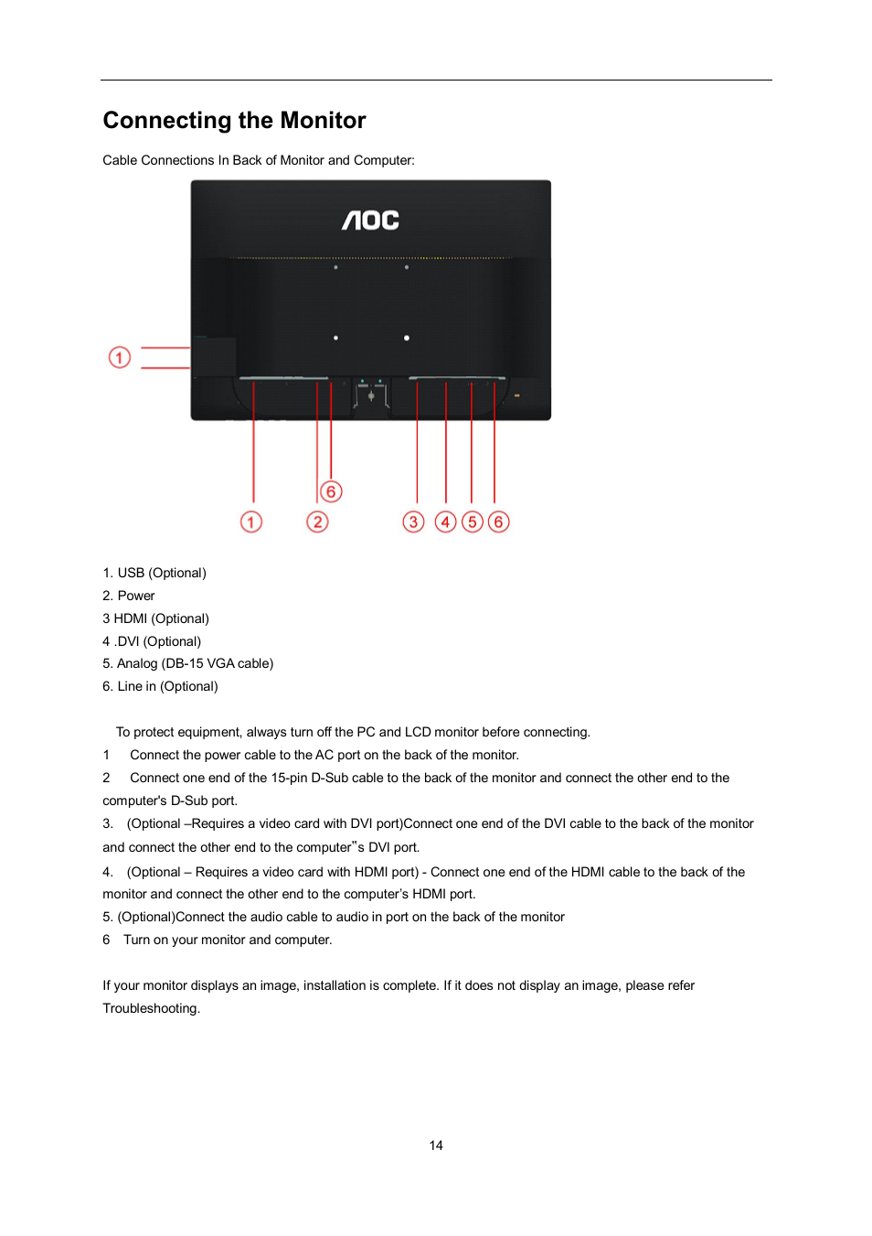 Connecting the monitor | AOC e960Srda User Manual | Page 14 / 69