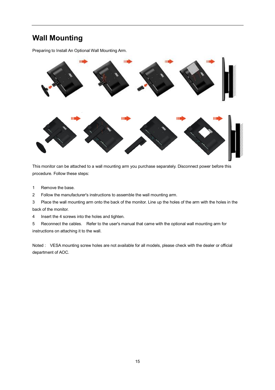 Wall mounting | AOC e960Srda User Manual | Page 15 / 69