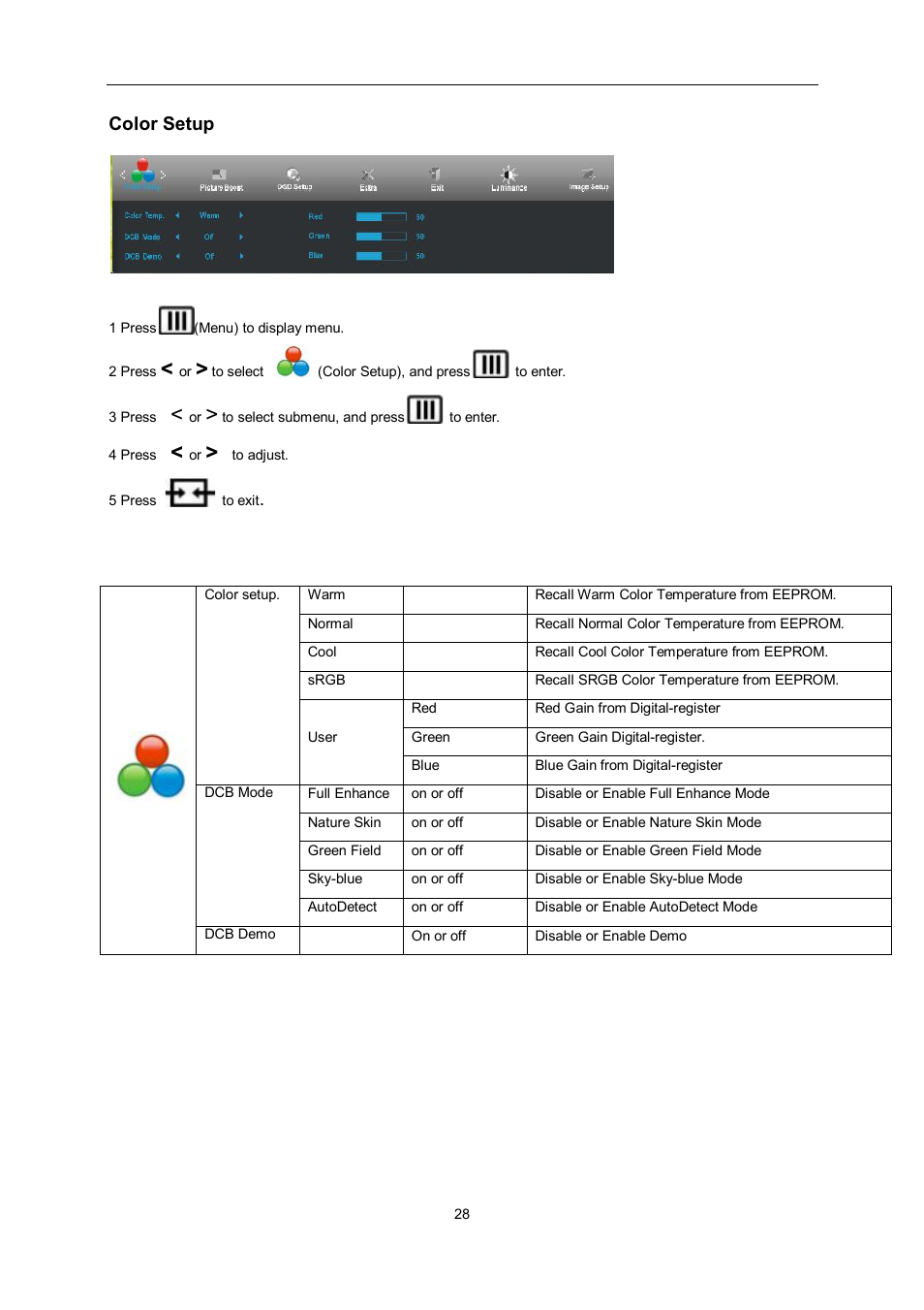 Color setup | AOC e960Srda User Manual | Page 28 / 69