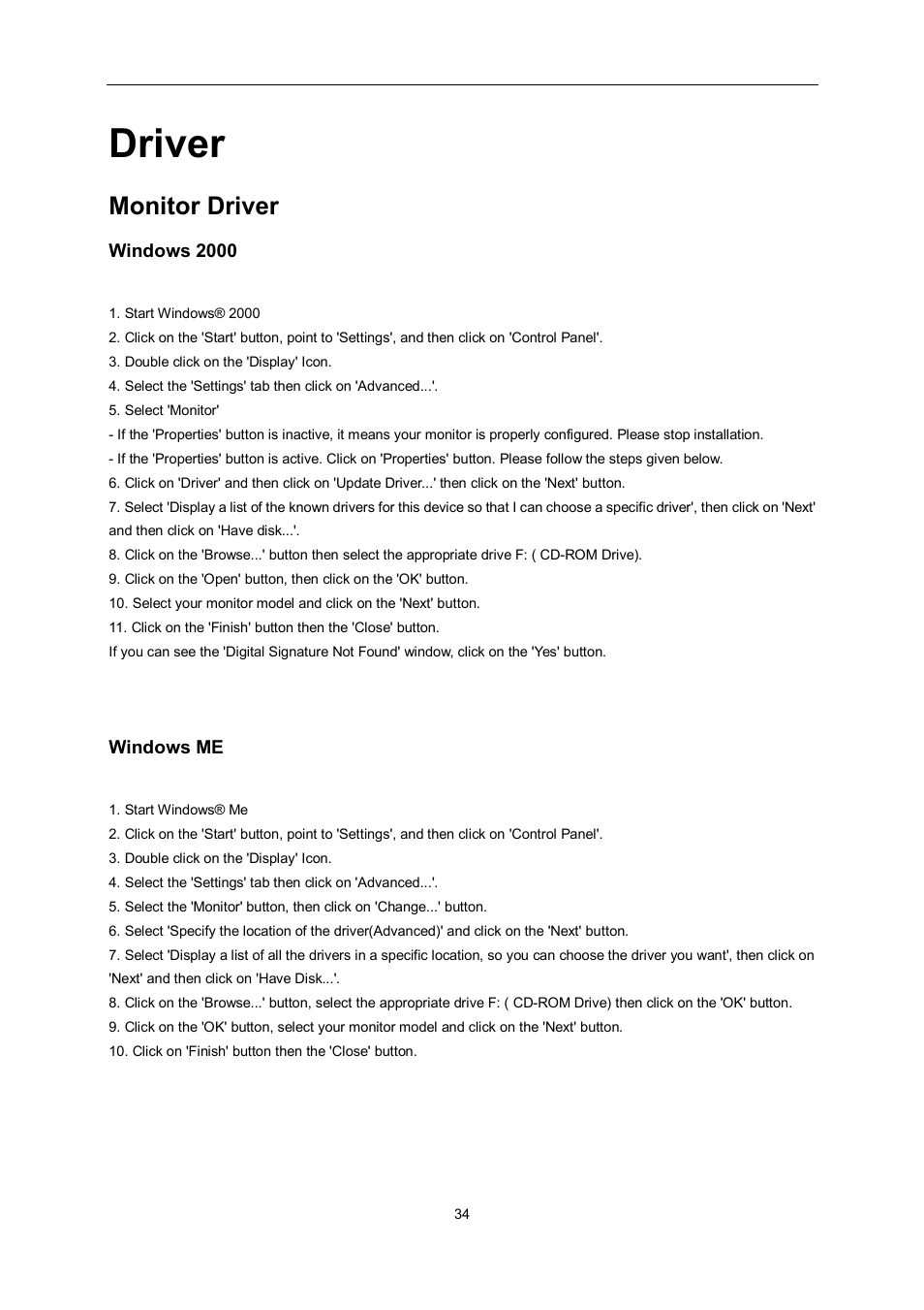 Driver, Monitor driver, Windows 2000 | Windows me | AOC e960Srda User Manual | Page 34 / 69