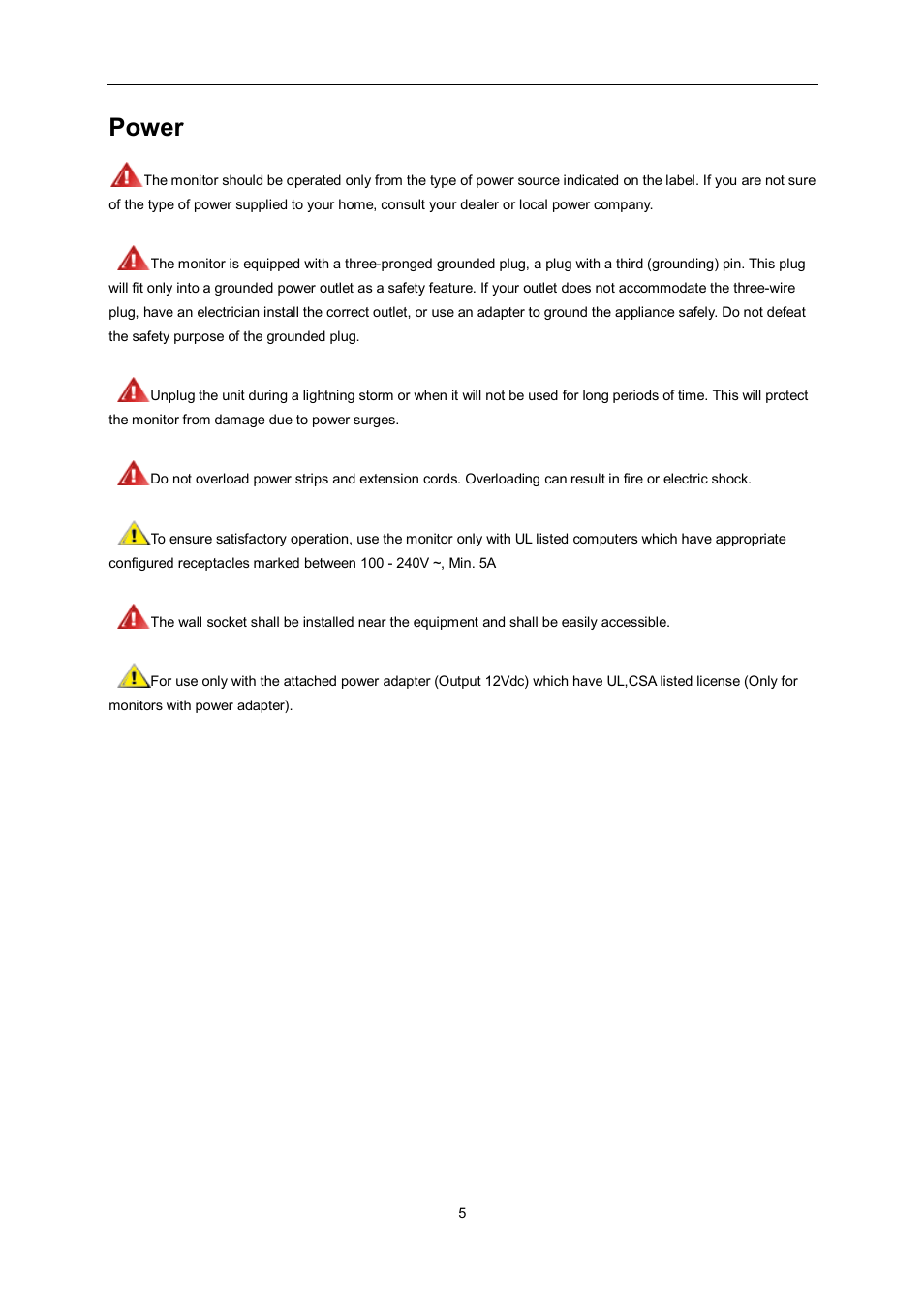 Power | AOC e960Srda User Manual | Page 5 / 69