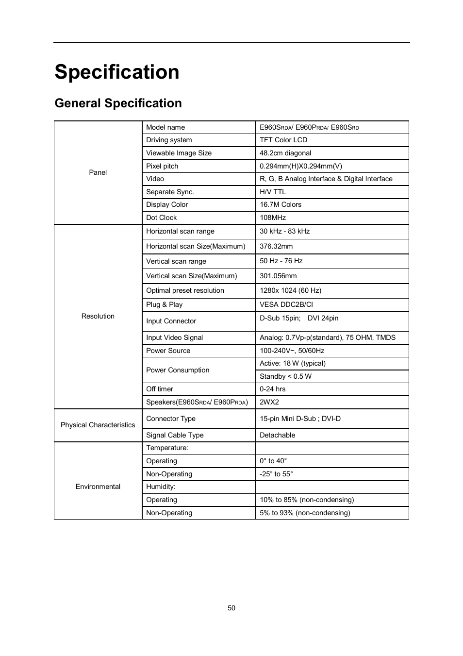 Specification, General specification | AOC e960Srda User Manual | Page 50 / 69