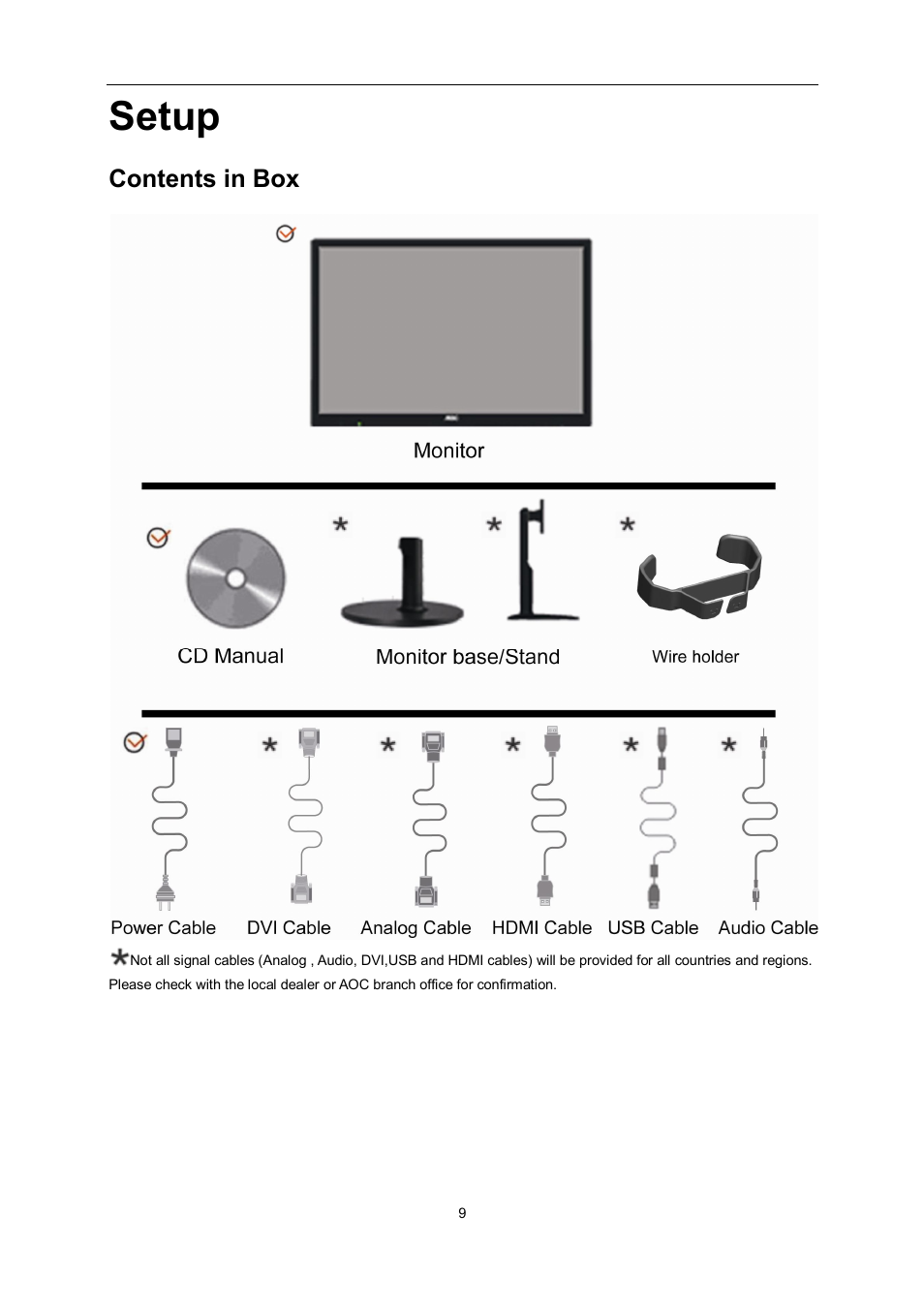 Setup, Contents in box | AOC e960Srda User Manual | Page 9 / 69