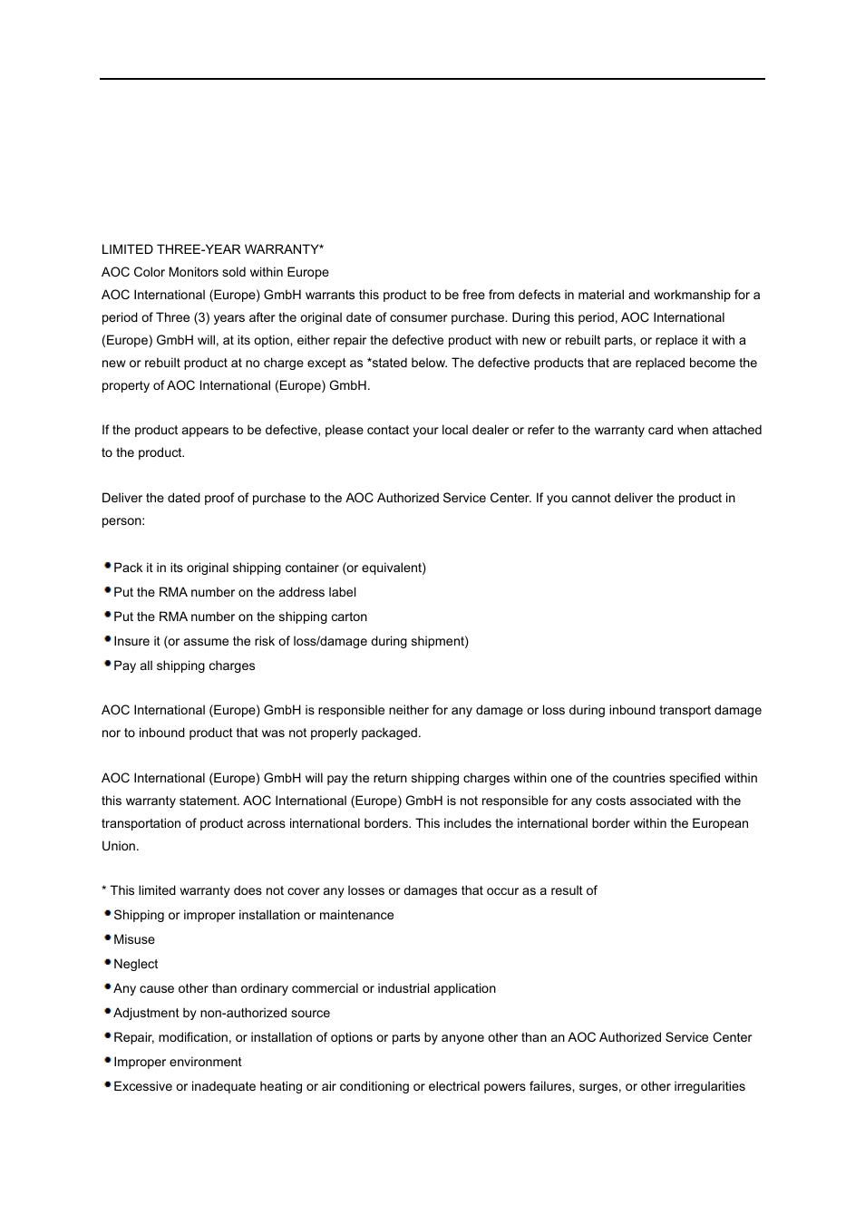 Service warranty statement for europe | AOC e960Swn User Manual | Page 56 / 60