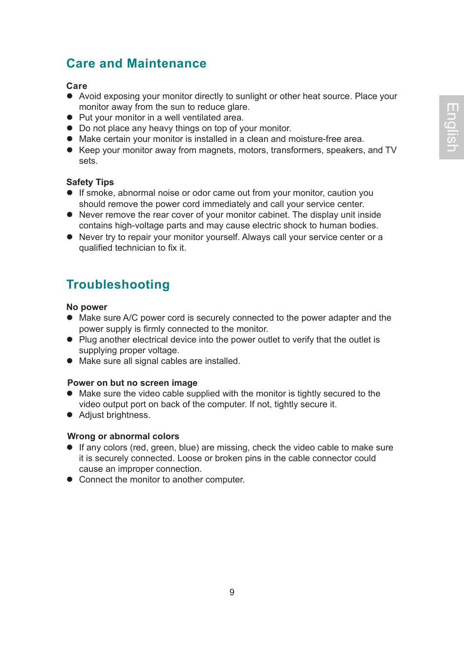 English, Care and maintenance, Troubleshooting | AOC 2019Vwa1 User Manual | Page 12 / 47