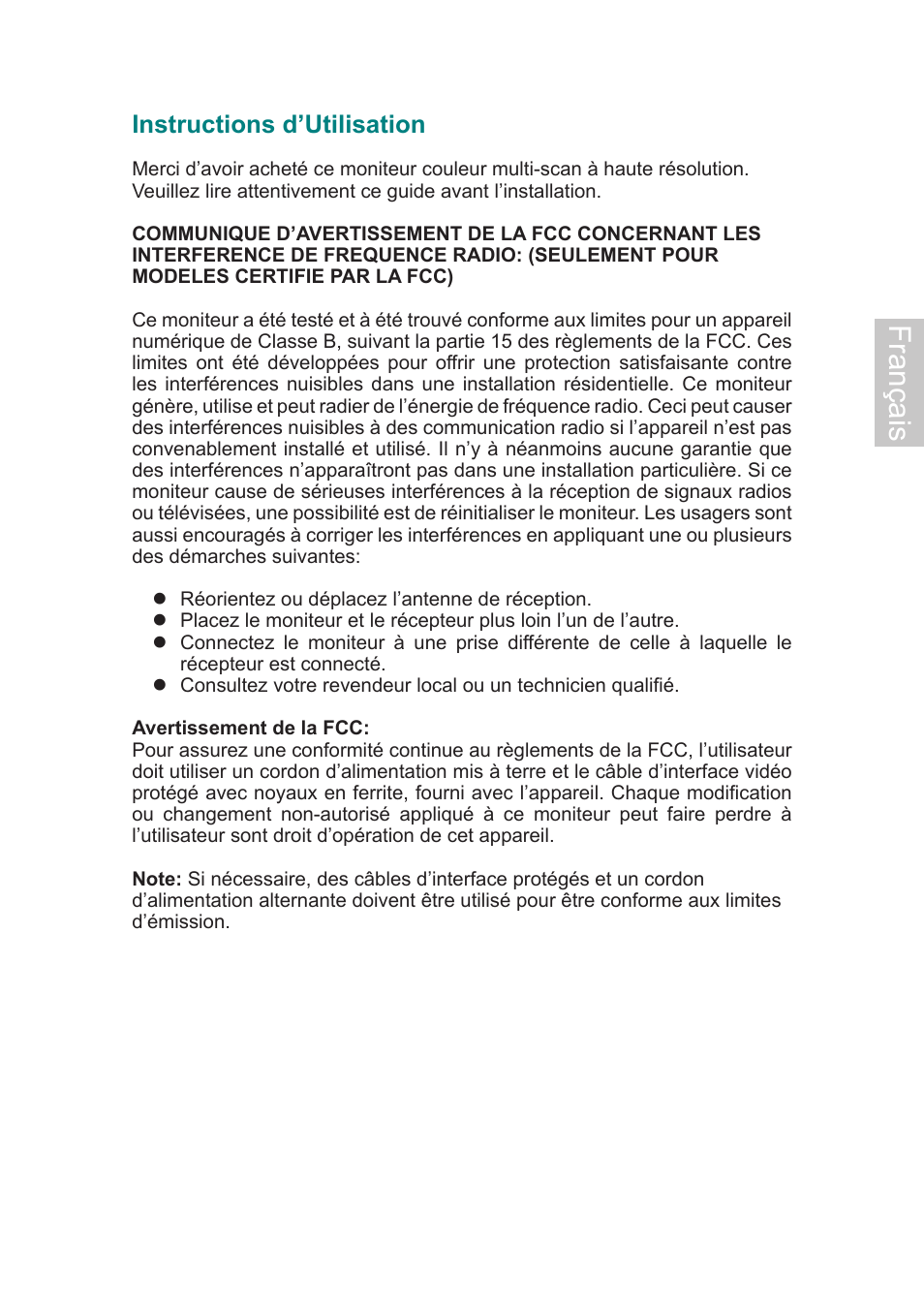 Français, Instructions d’utilisation | AOC 2019Vwa1 User Manual | Page 13 / 47