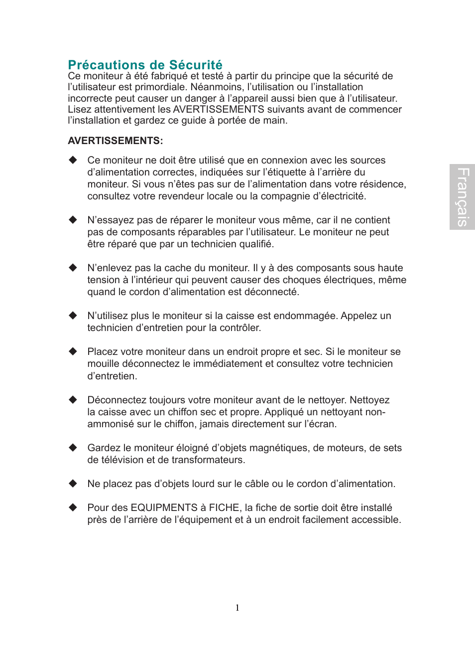 Français, Précautions de sécurité | AOC 2019Vwa1 User Manual | Page 15 / 47