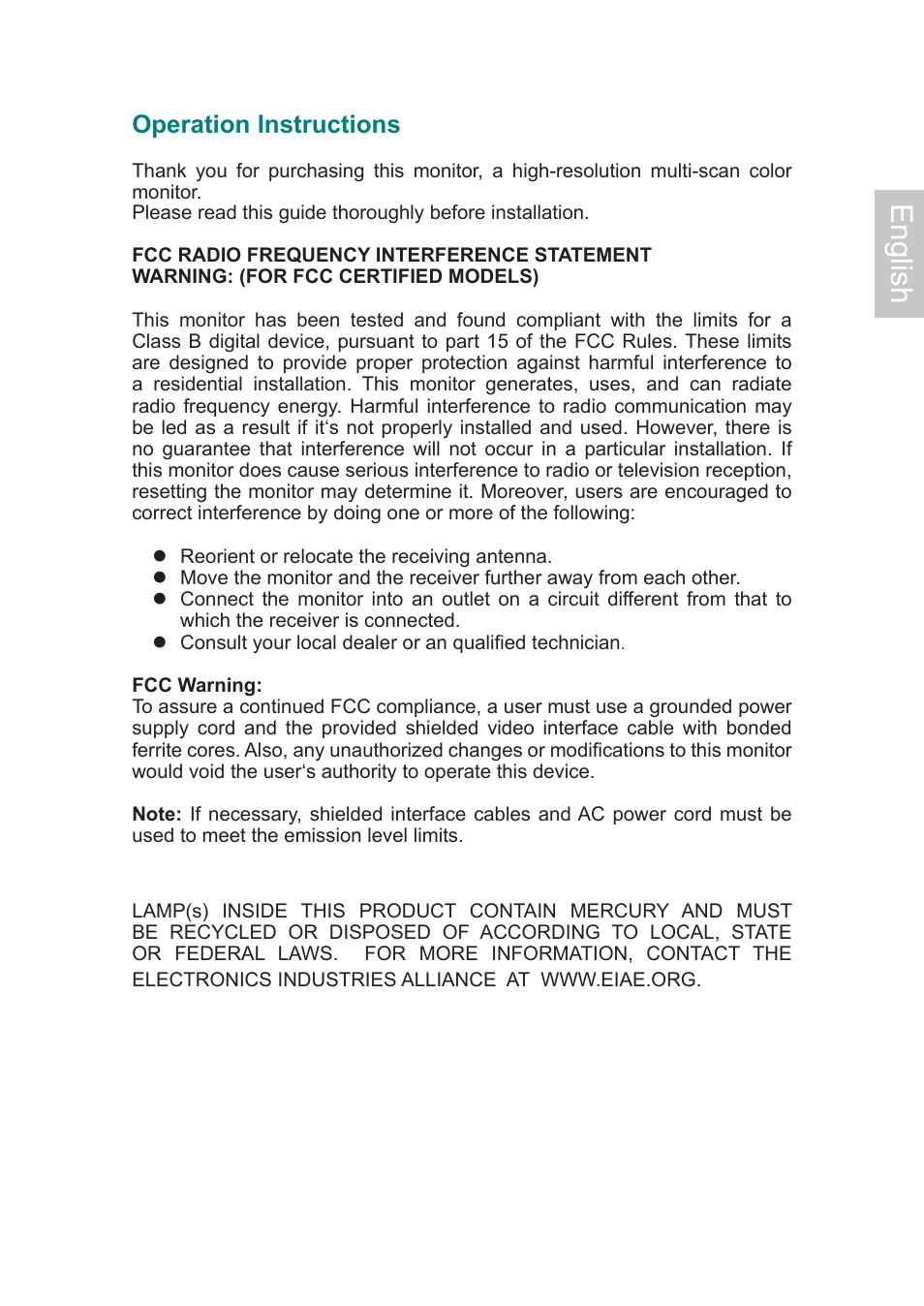 English, Operation instructions | AOC 2019Vwa1 User Manual | Page 2 / 47