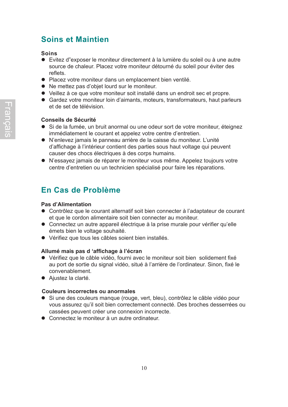 Français, Soins et maintien, En cas de problème | AOC 2019Vwa1 User Manual | Page 24 / 47