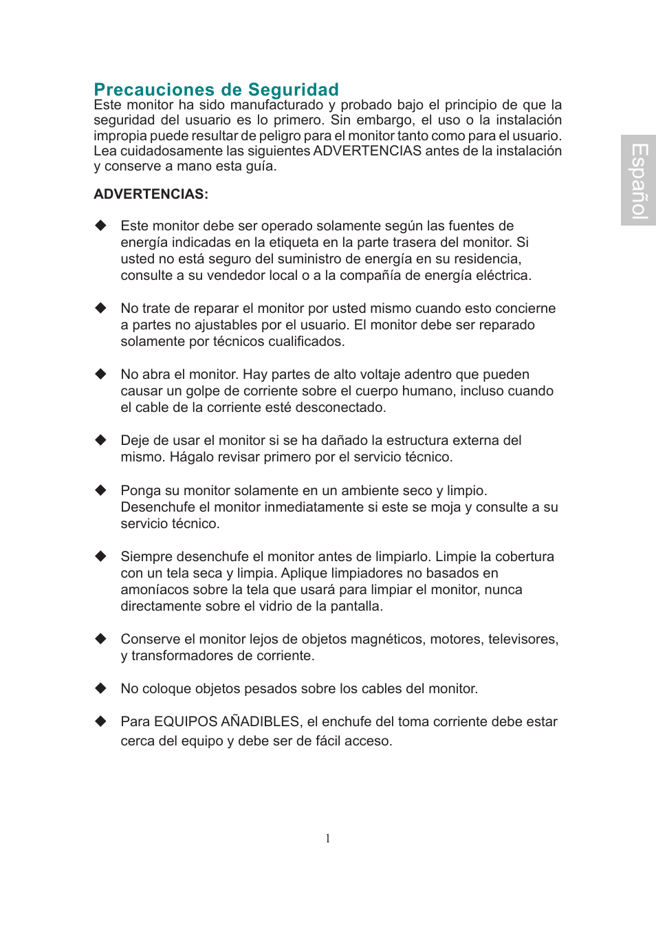 Español, Precauciones de seguridad | AOC 2019Vwa1 User Manual | Page 27 / 47