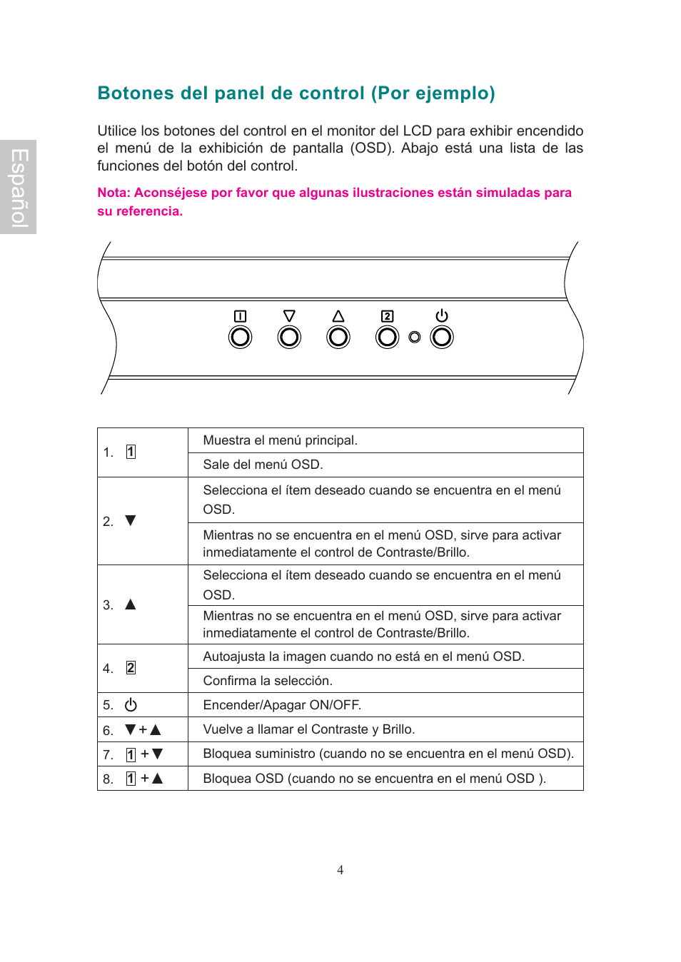 Español, Botones del panel de control (por ejemplo) | AOC 2019Vwa1 User Manual | Page 30 / 47