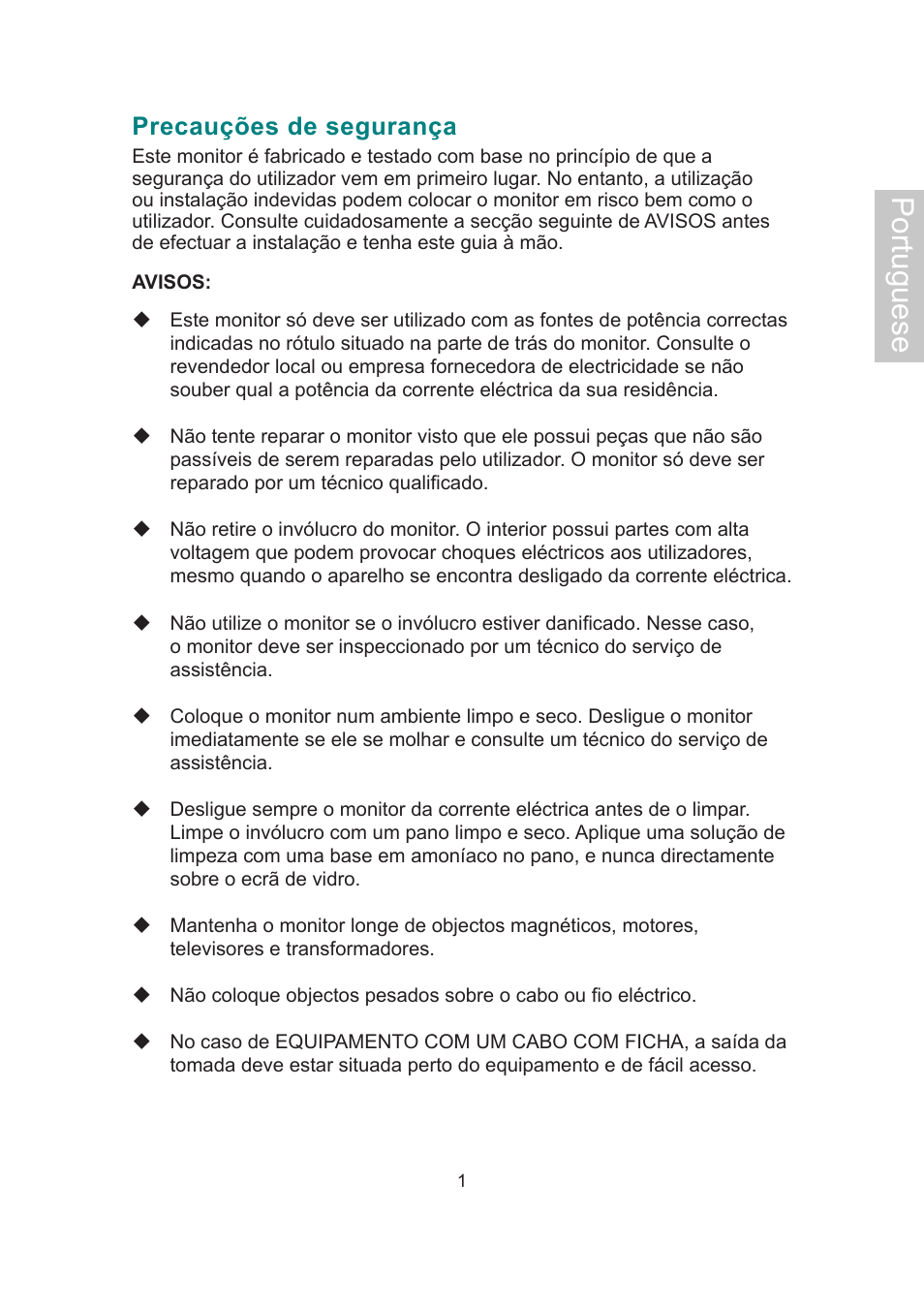 Portuguese, Precauções de segurança | AOC 2019Vwa1 User Manual | Page 38 / 47