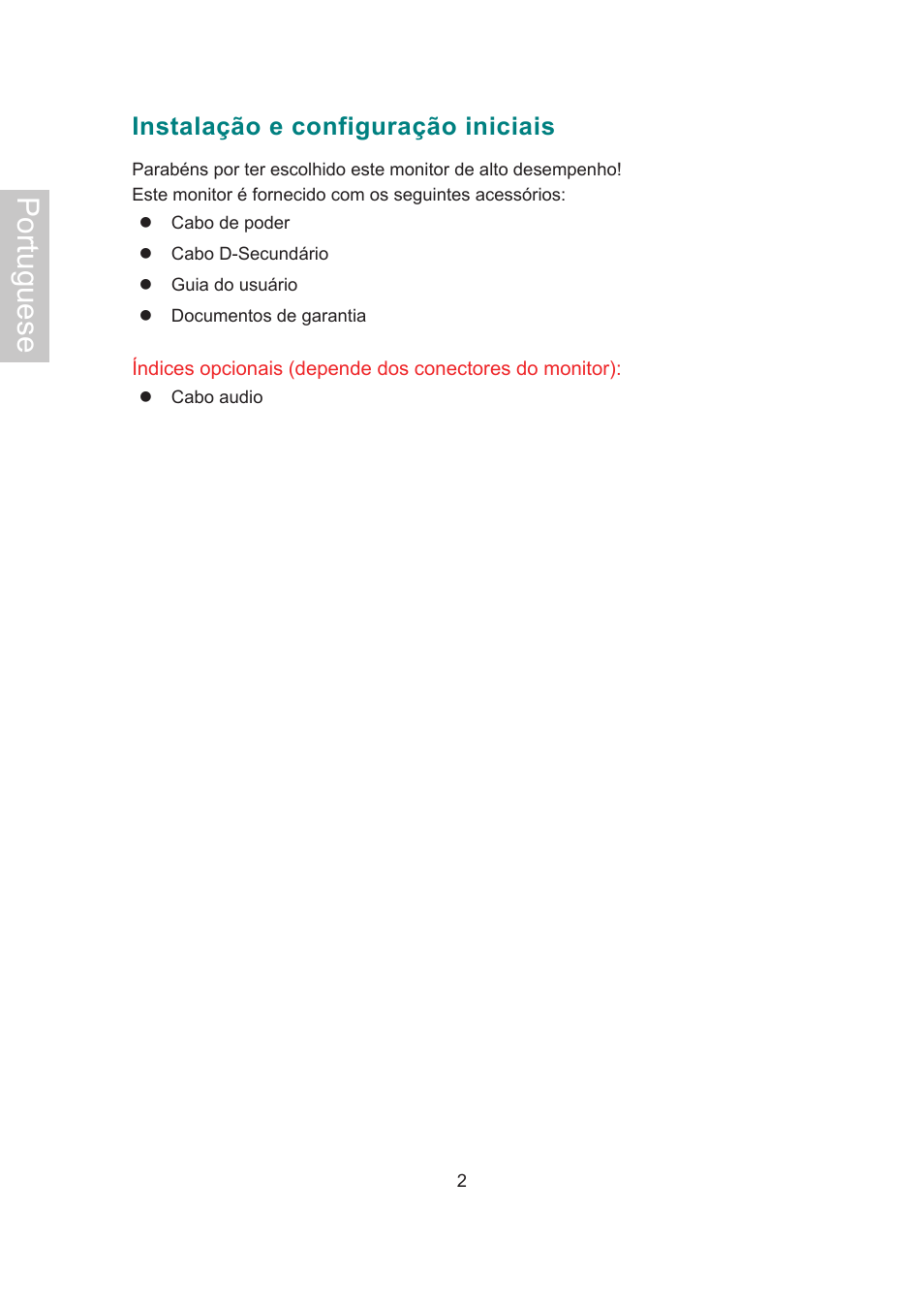 Portuguese, Instalação e configuração iniciais | AOC 2019Vwa1 User Manual | Page 39 / 47