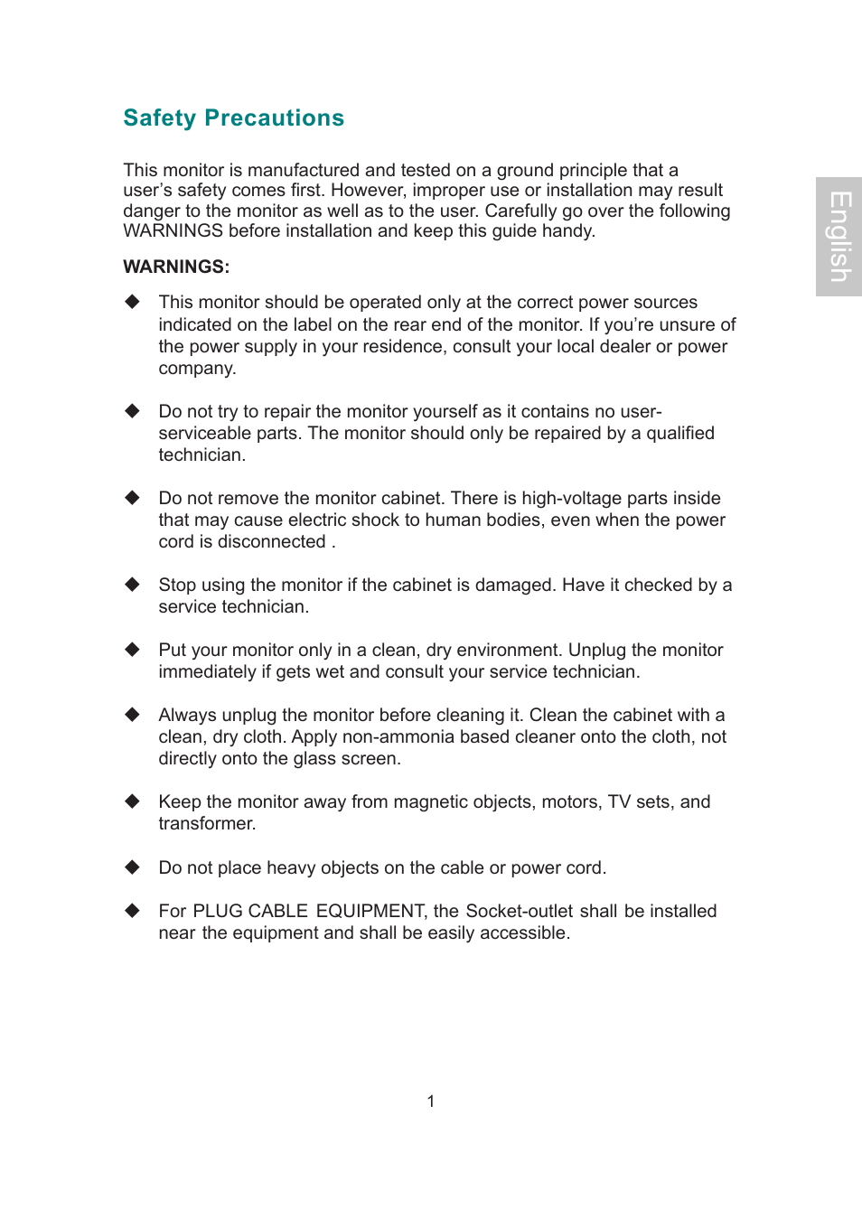 English, Englishenglish, Safety precautions | AOC 2019Vwa1 User Manual | Page 4 / 47