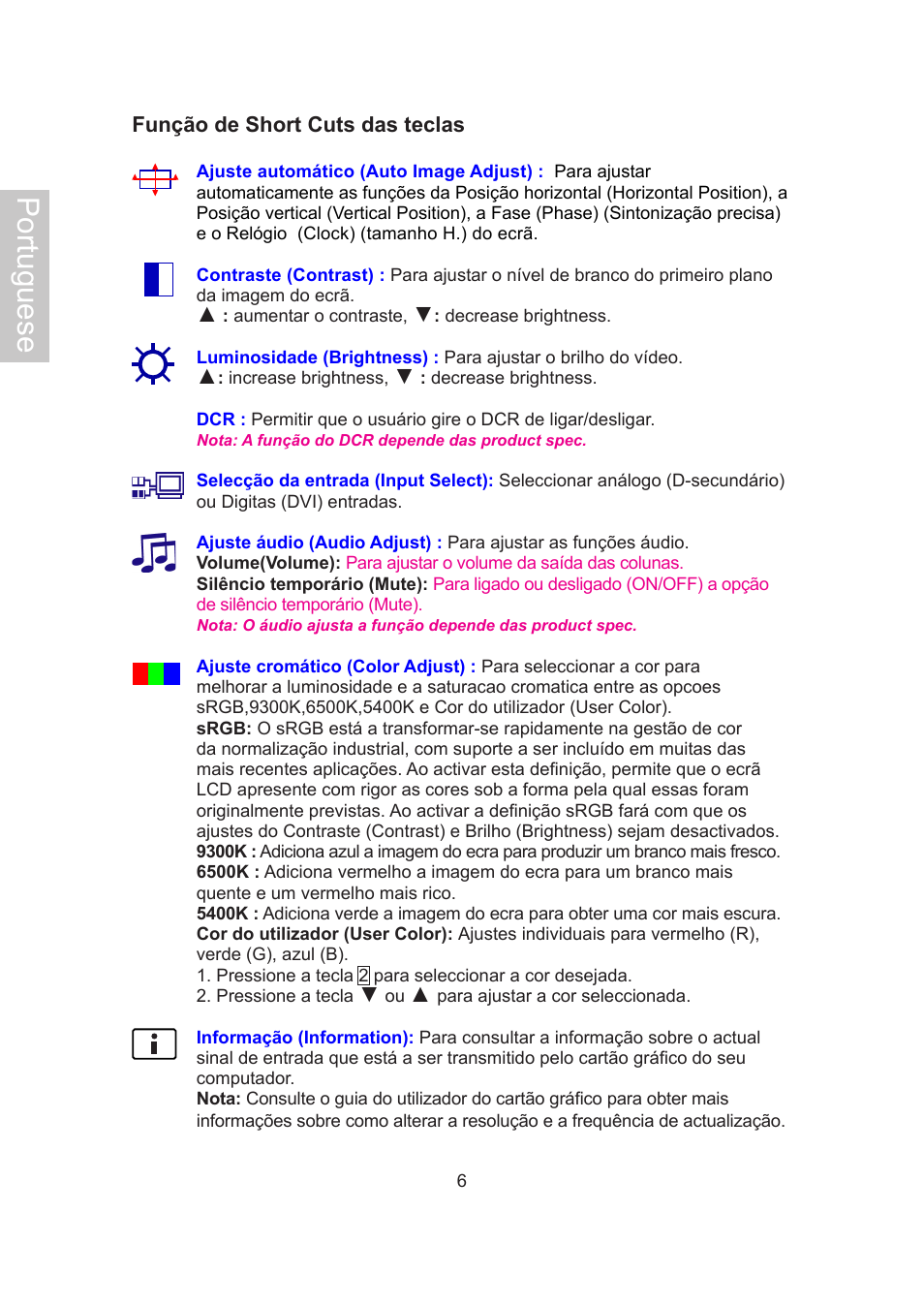 Portuguese, Função de short cuts das teclas | AOC 2019Vwa1 User Manual | Page 43 / 47