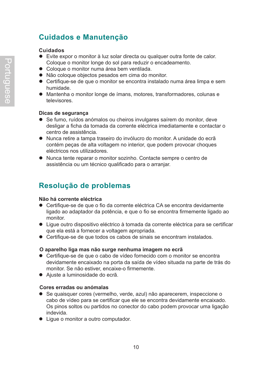 Portuguese, Cuidados e manutenção, Resolução de problemas | AOC 2019Vwa1 User Manual | Page 47 / 47