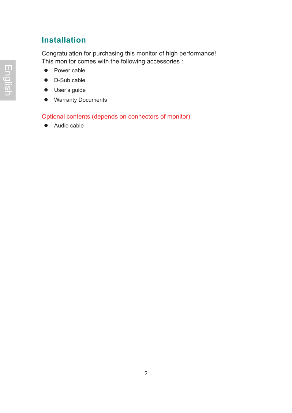 English, Installation | AOC 2019Vwa1 User Manual | Page 5 / 47
