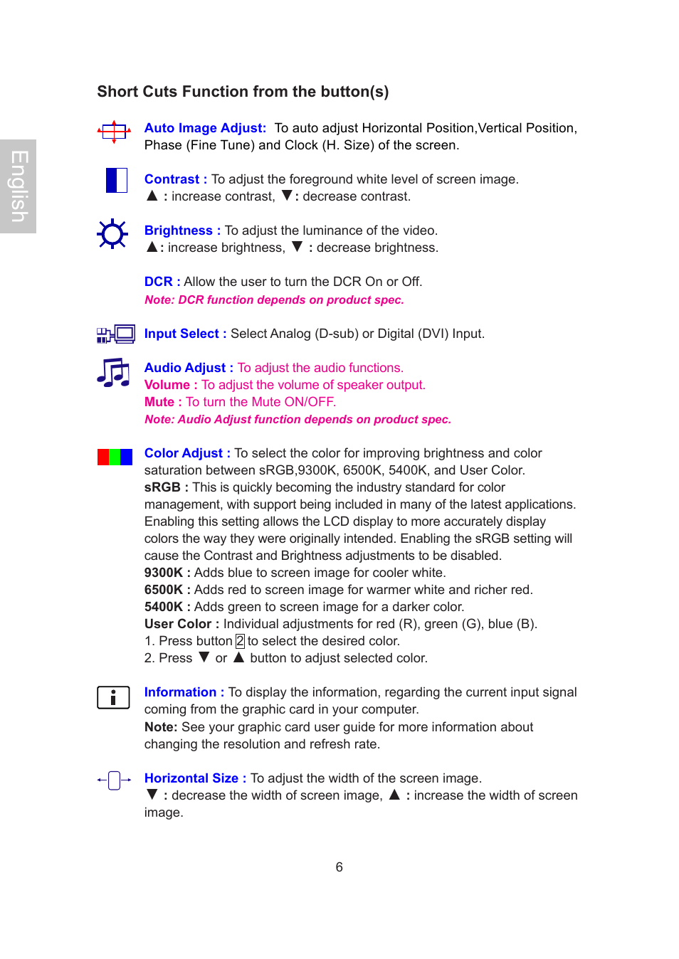 English | AOC 2019Vwa1 User Manual | Page 9 / 47