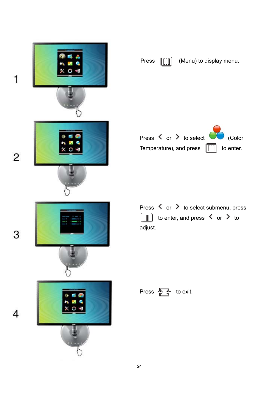 Color temperature | AOC e2043f User Manual | Page 24 / 64