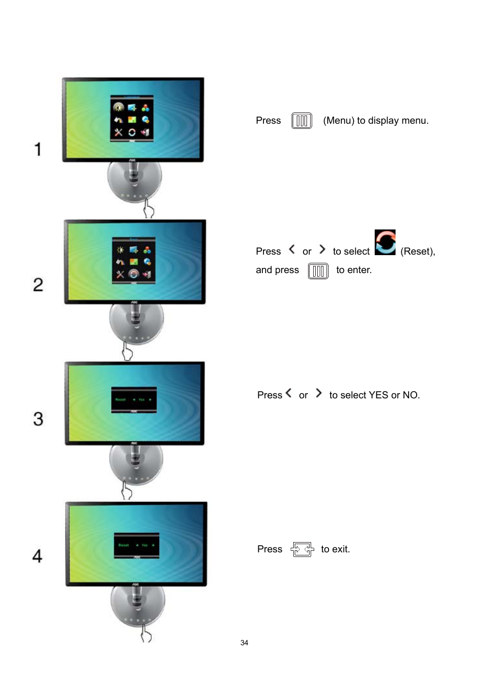 Reset | AOC e2043f User Manual | Page 34 / 64