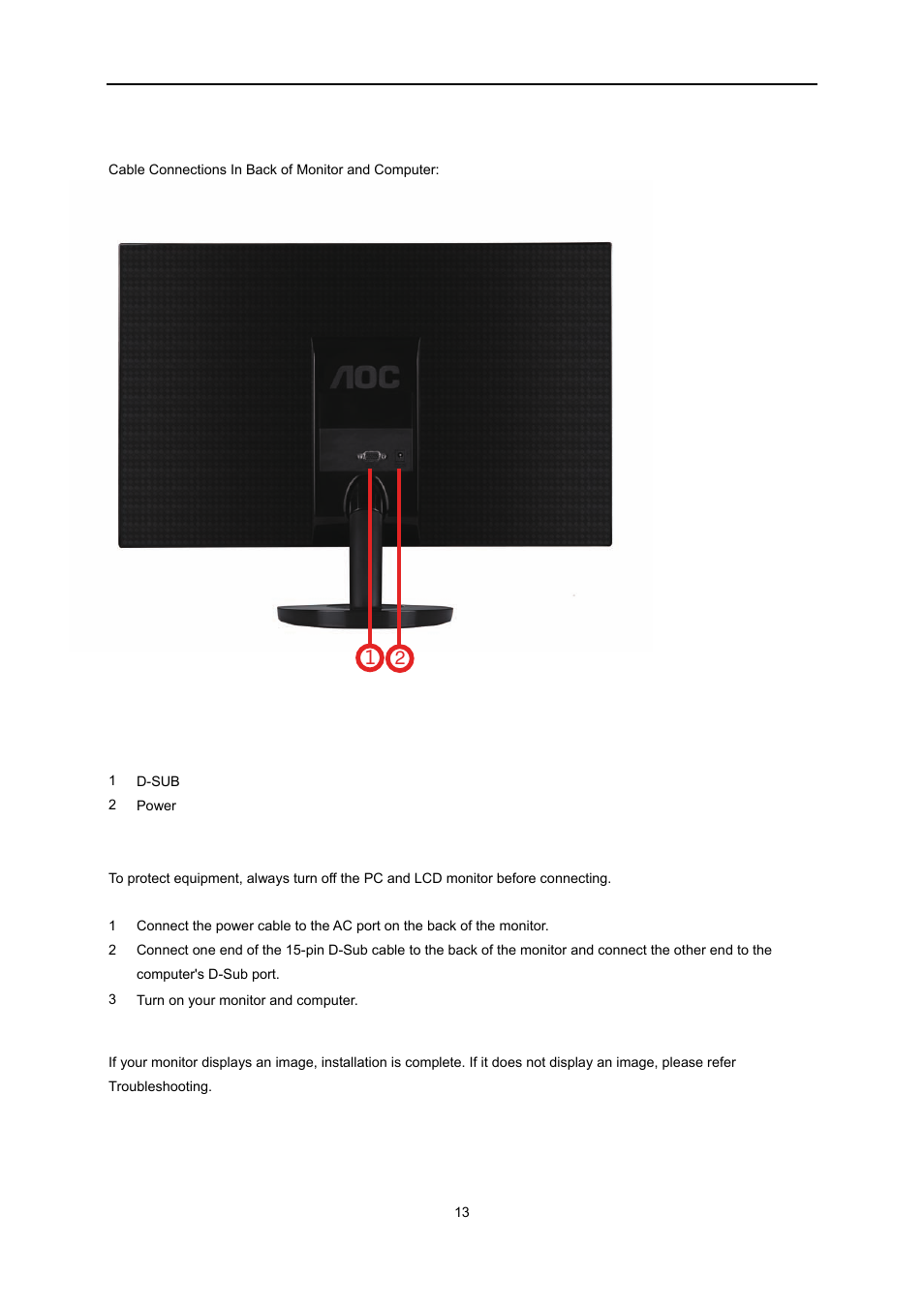 Connecting the monitor | AOC e2051Sn User Manual | Page 13 / 59