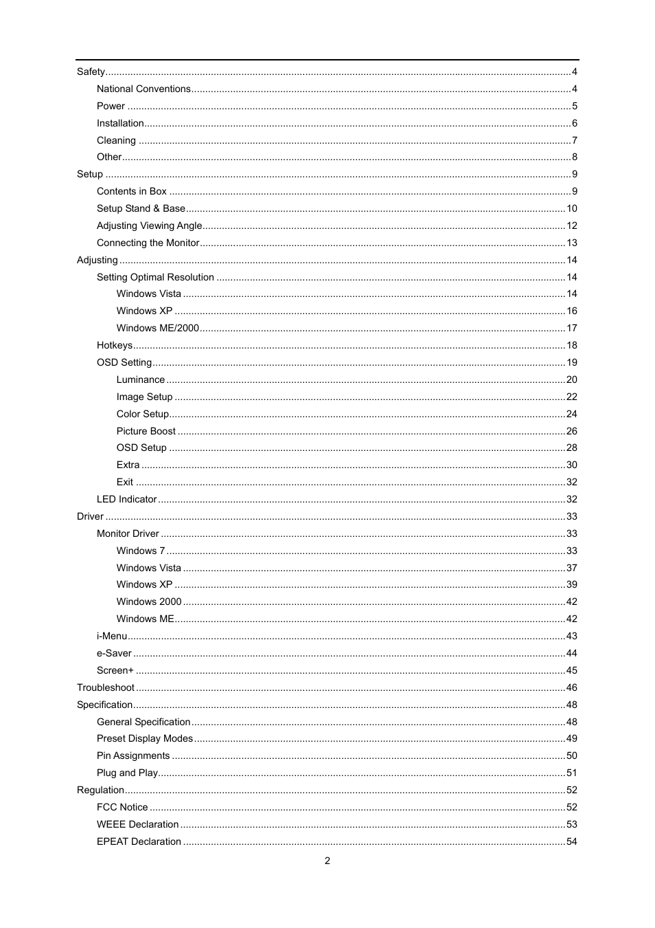 AOC e2051Sn User Manual | Page 2 / 59