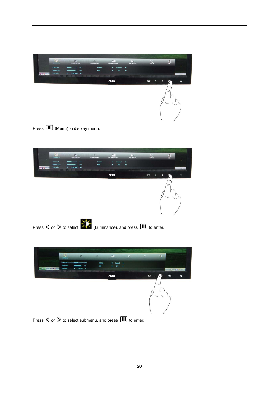 Luminance | AOC e2051Sn User Manual | Page 20 / 59