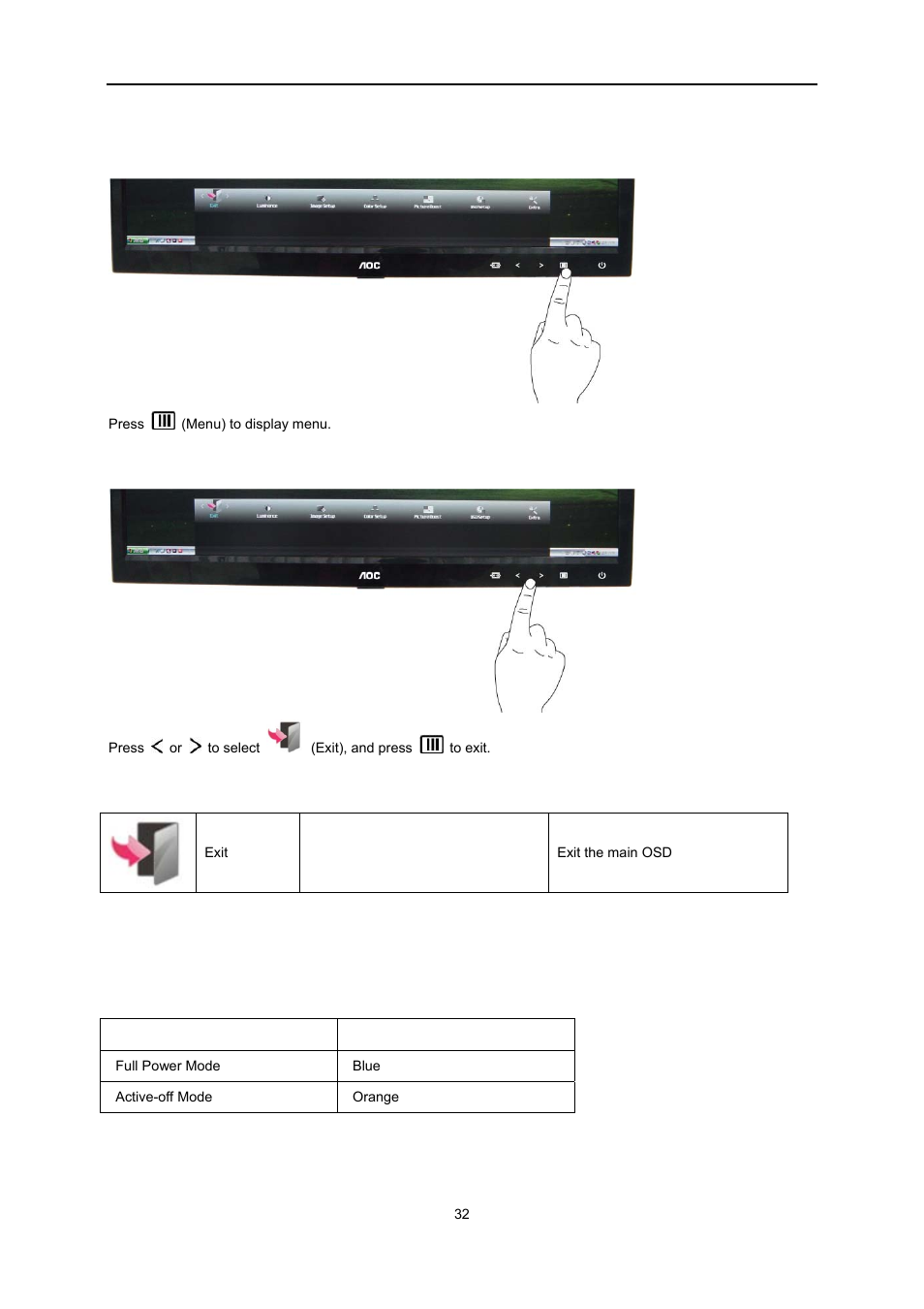 Led indicator, Exit | AOC e2051Sn User Manual | Page 32 / 59