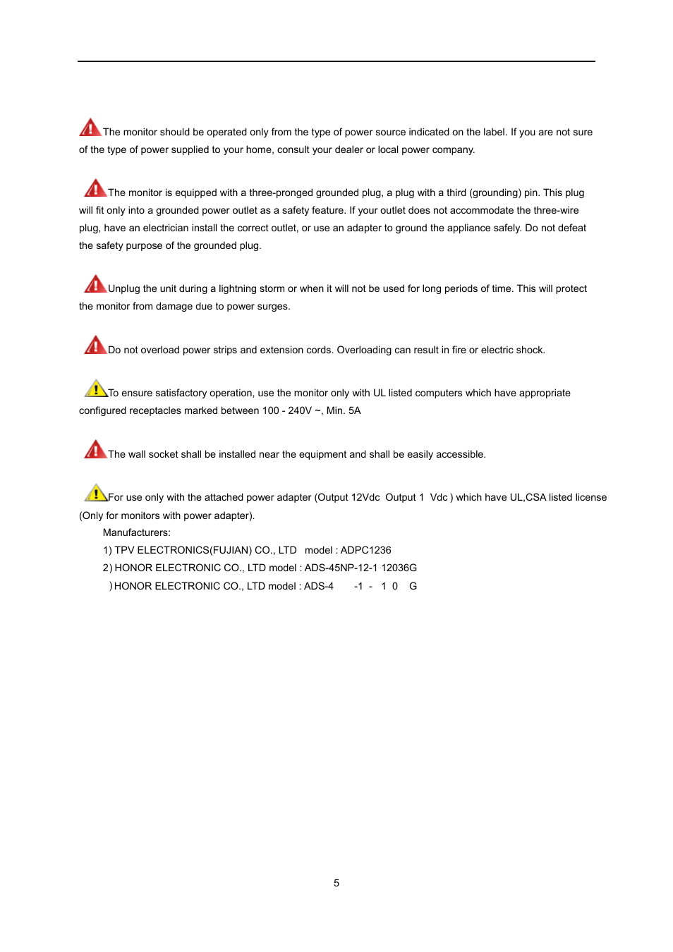 Power | AOC e2051Sn User Manual | Page 5 / 59