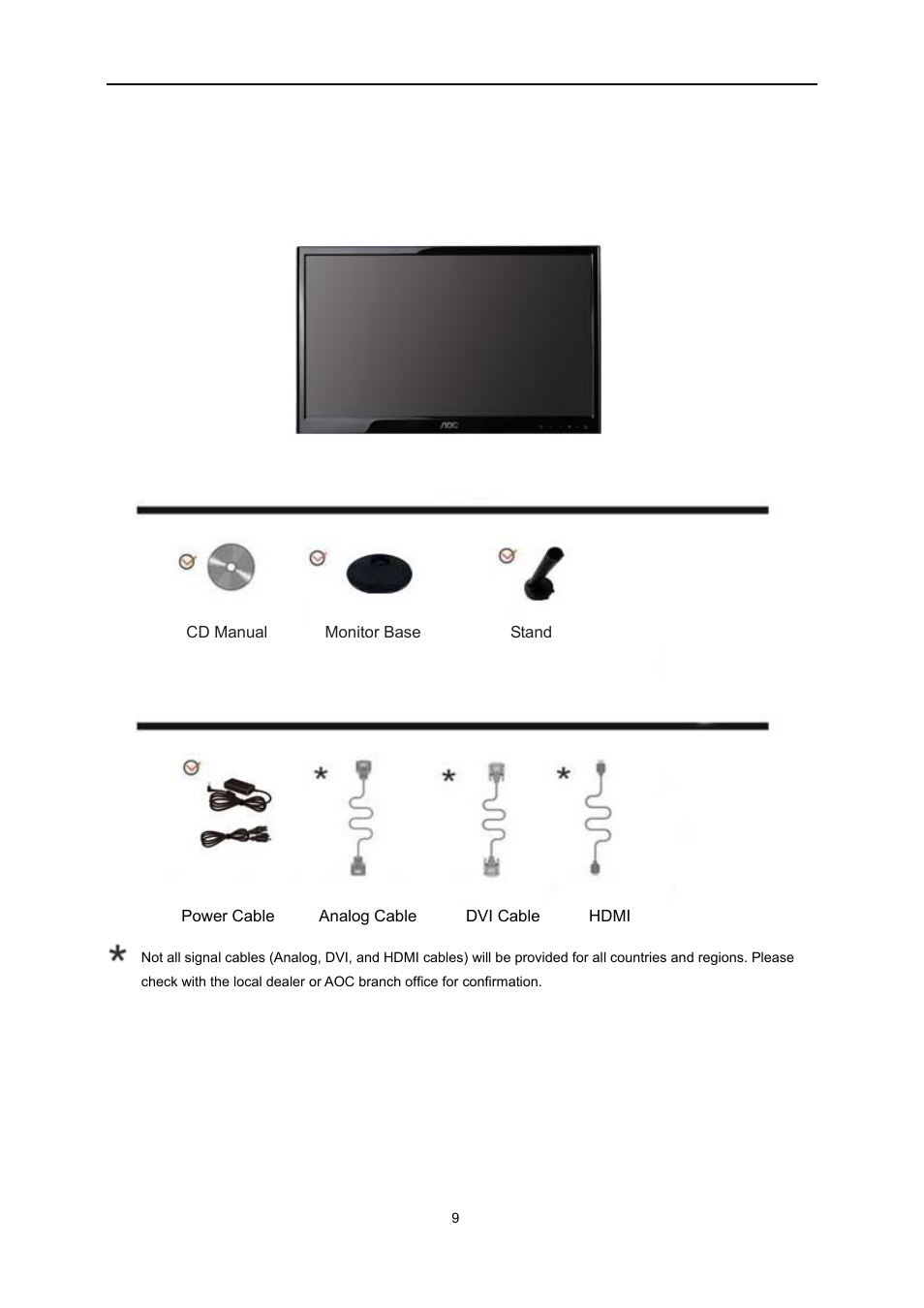 Setup, Contents in box | AOC e2051Sn User Manual | Page 9 / 59