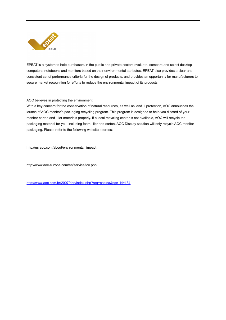 Epeat declaration | AOC e2060Sda User Manual | Page 56 / 60