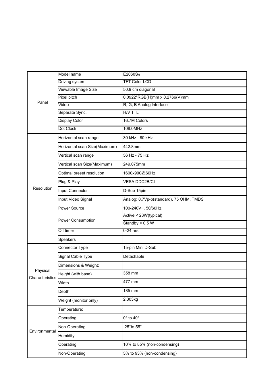 Specification, General specification | AOC e2060Sn User Manual | Page 50 / 62