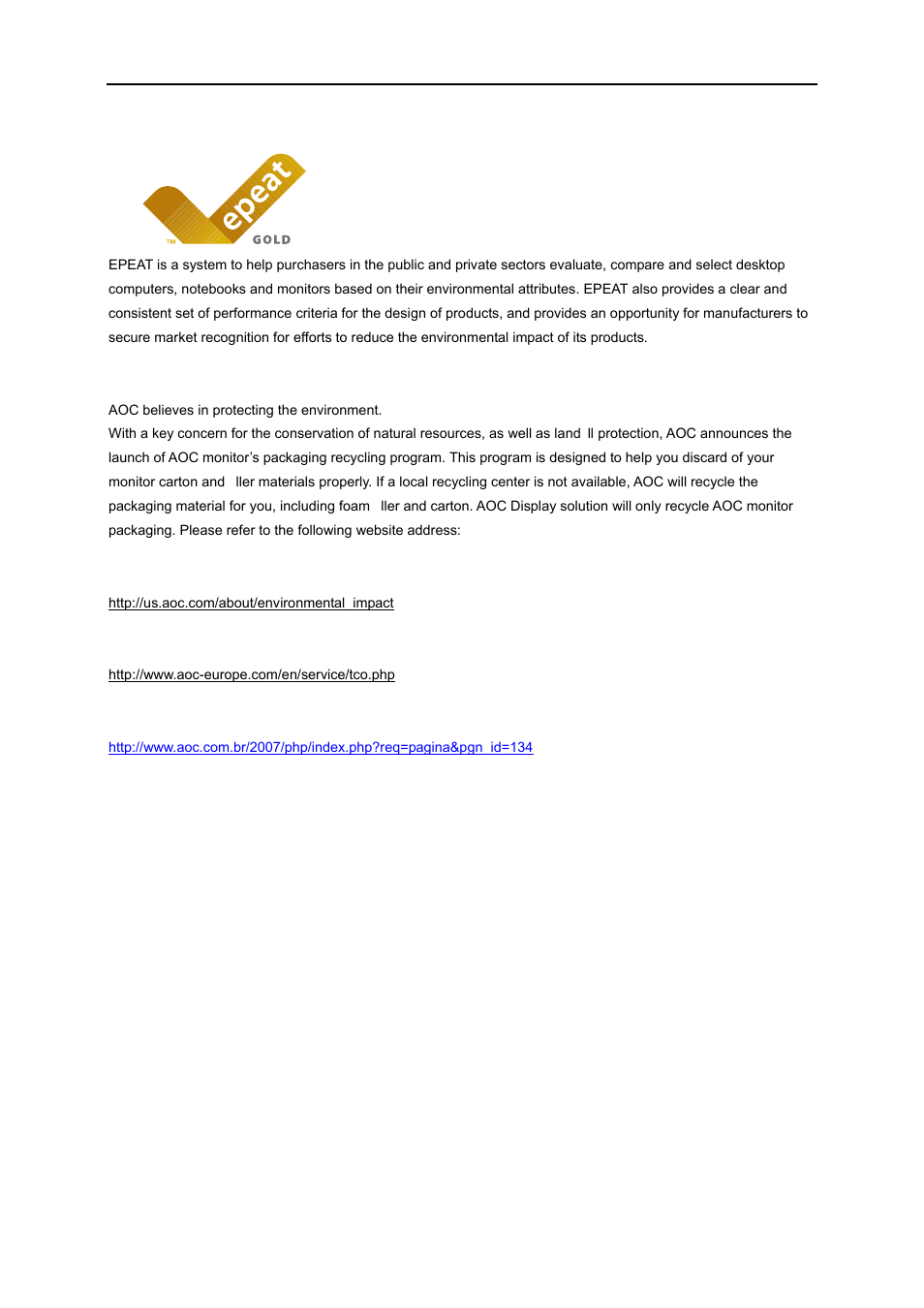 Epeat declaration | AOC e2060Sn User Manual | Page 56 / 62