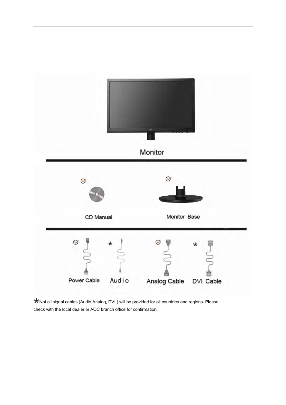 Setup, Contents in box | AOC e2060Sn User Manual | Page 9 / 62
