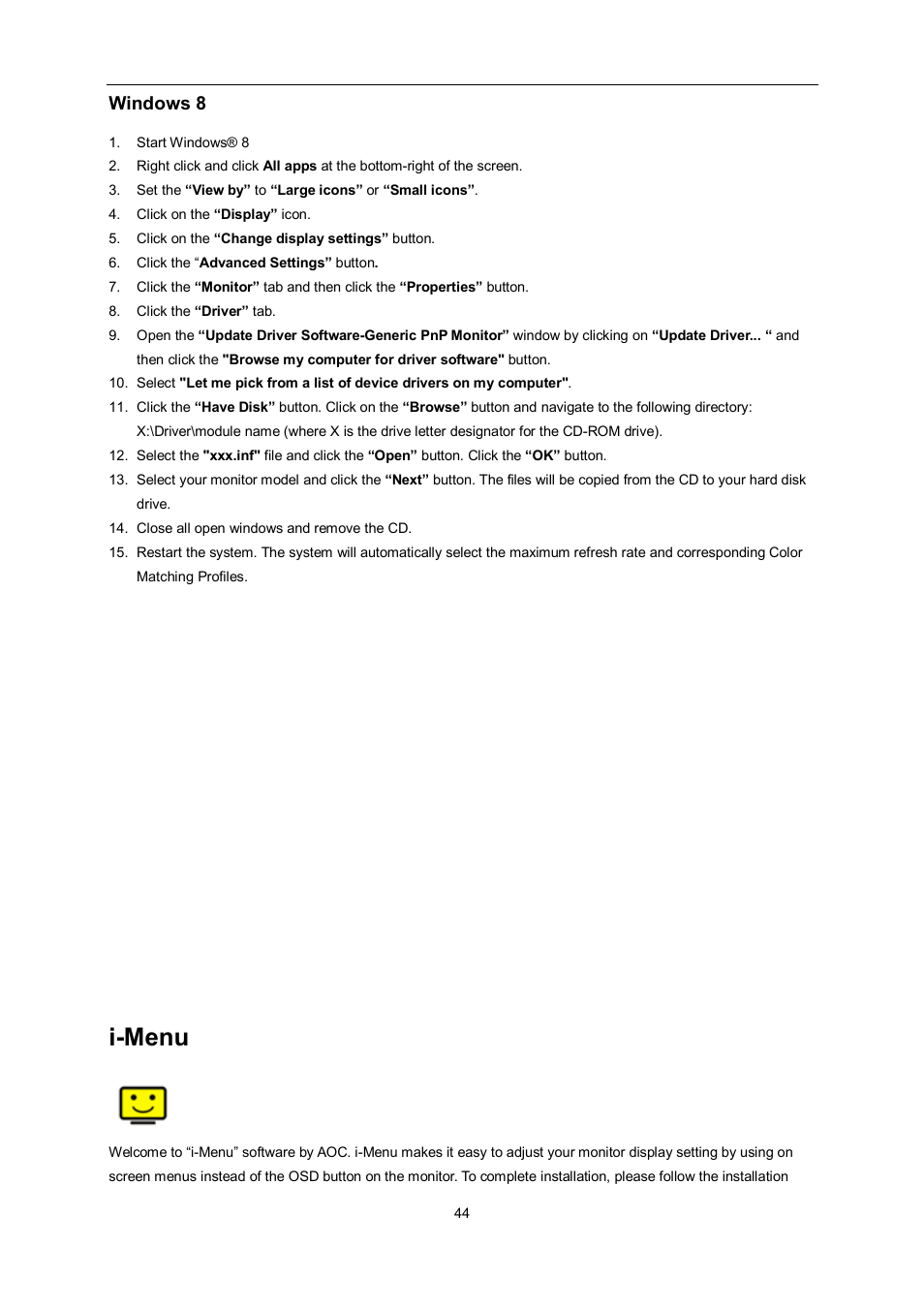 I-menu, Windows 8 | AOC e2060Swda-TAA User Manual | Page 44 / 69