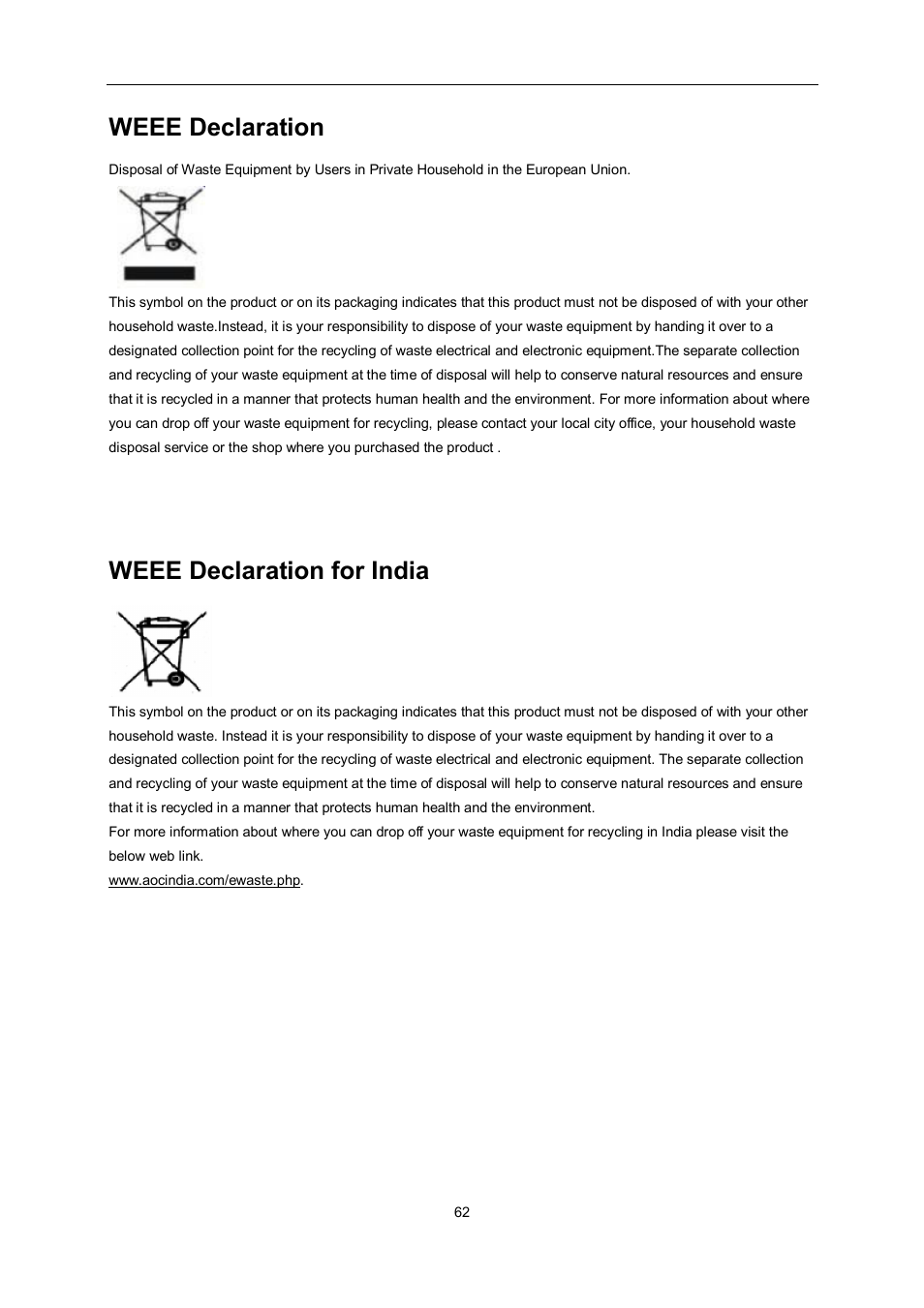 Weee declaration, Weee declaration for india | AOC e2060Swda-TAA User Manual | Page 62 / 69